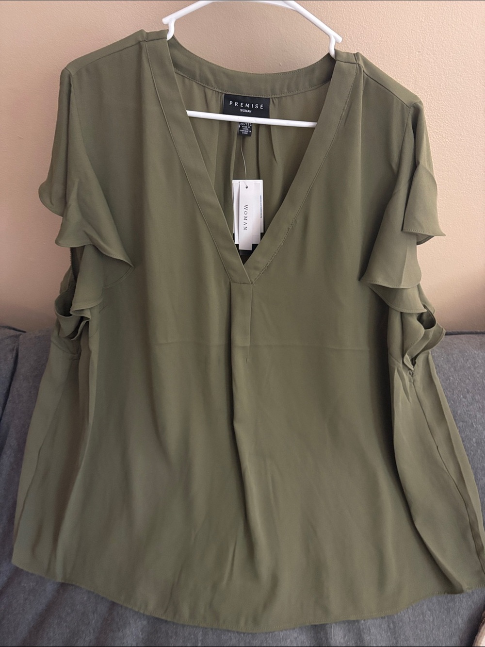 Premise Olive Ruffled Sleeve V-Neck Top